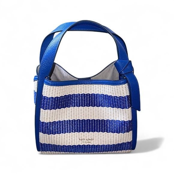 Kate Spade Knott Blue Striped Medium Straw with Leather Trim Crossbody Tote - Picture 1 of 13
